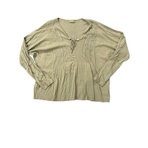 CP Shades Lighweight Olive Green Cotton Blouse Long‎ Sleeve Tie V-Neck , Medium